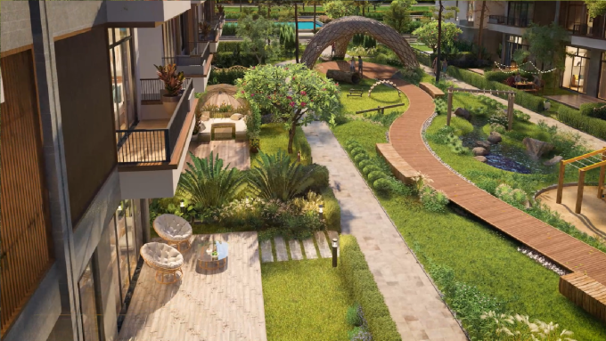 Sân sau ở mẫu nhà The Bliss với lưng hướng vườn cảnh quan.